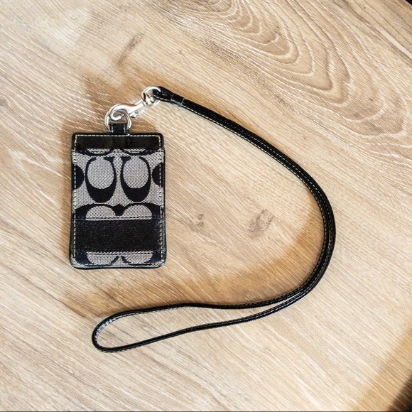 Coach Accessories Coach Signature Print Id Key Holder Lanyard Black